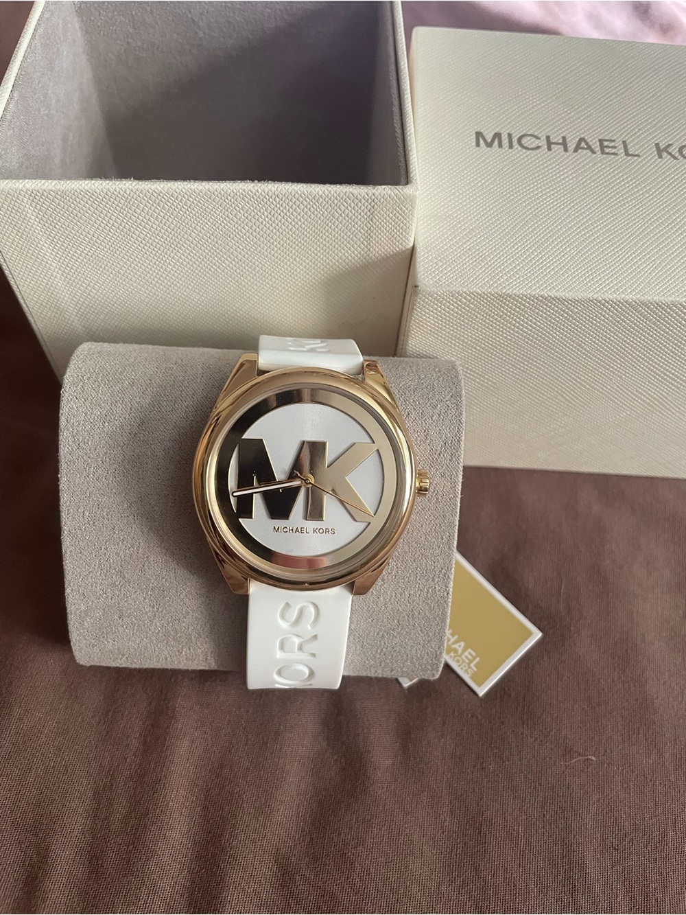 MICHAEL Michael Kors White Silicone Strap Watch with Gold Case and MK Logo Dial